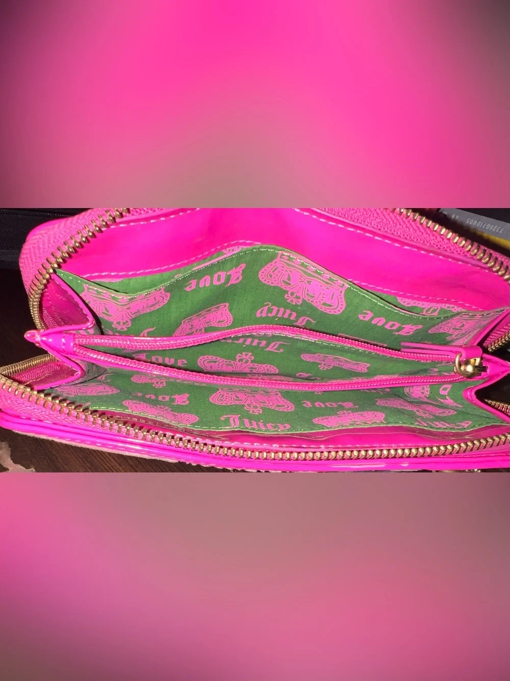 SoldJuicy Couture Hot Pink Embroidered Zip Wallet with Gold Crown Charm-Y2K